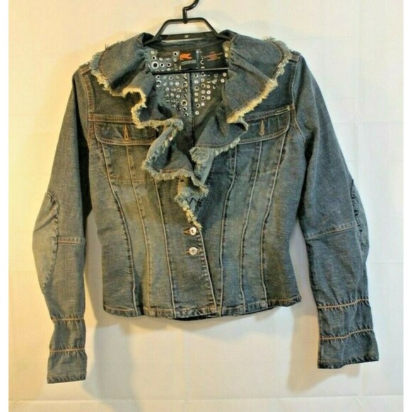 Parasuco Ergonomic jeans Denim Jacket Ruffled Jean Coat Rhinestones SZ L - Picture 4 of 9